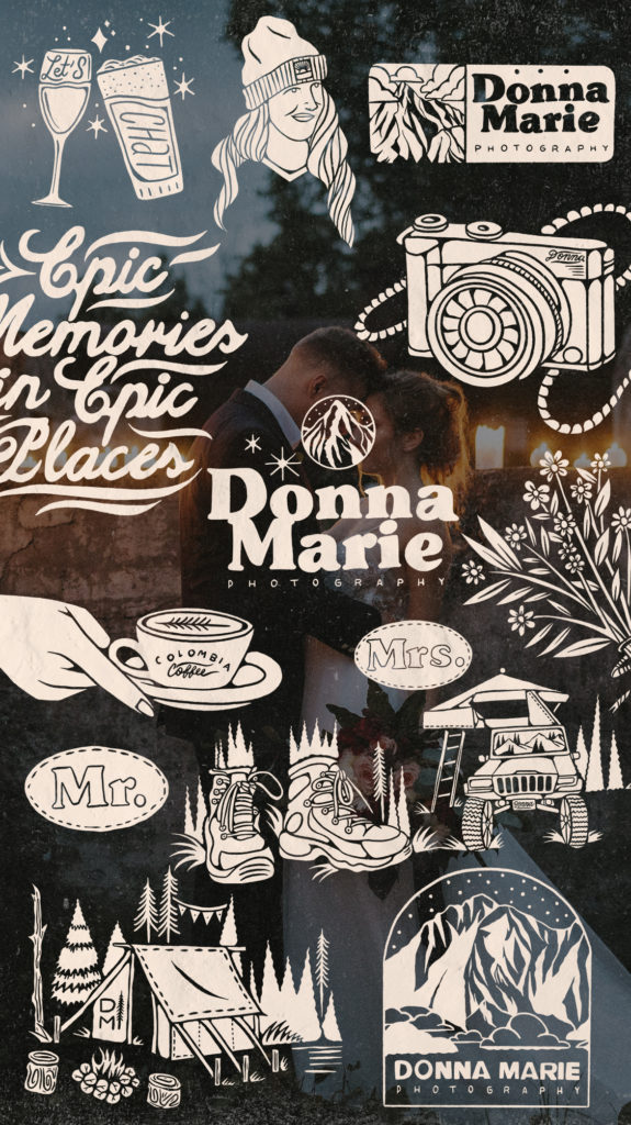Collection of white logos for Donna Marie Photography against a photo of a couple with their forehead togethers with a candlelit scene