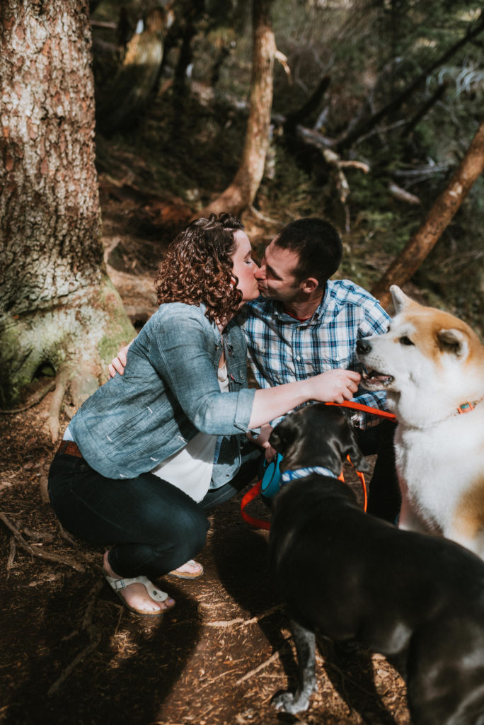 Couple kissing while their dogs play during engagment session