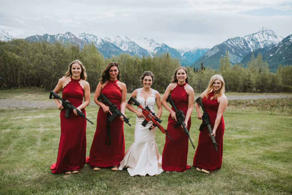 bridesmaids in maroon dresses with mountain backdrop