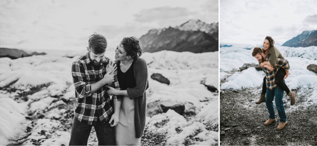 Collage of couples engagement session on Matanuska Glacier.