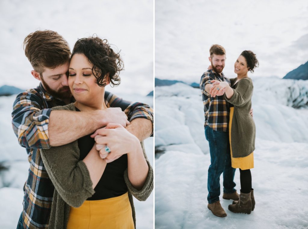 Collage of a couple hugging and showing off the engagement ring during their Matanuska Glacier engagement session by Donna Marie Photography.