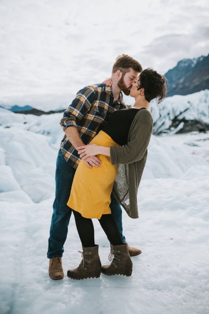 Matanuska Glacier Park engagement session dip kiss.