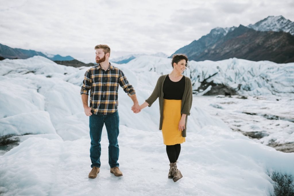 A couple hipster posing on Matanuska Glacier during their engagement session by Donna Marie Photography.