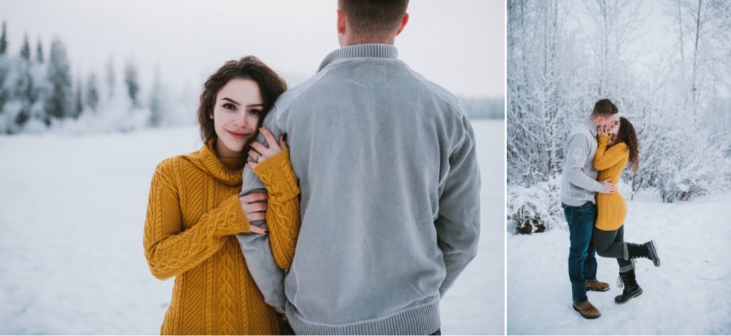 Couple standing in the snow during their winter engagement session.