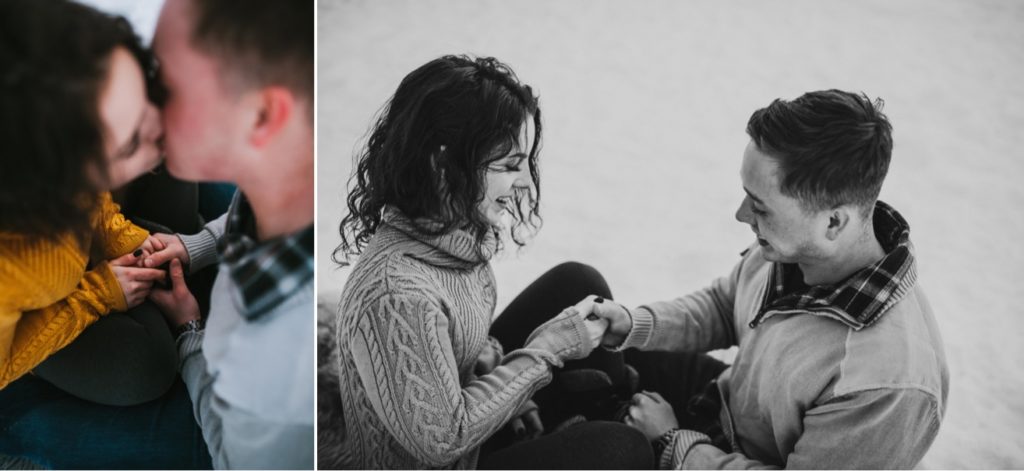 Couple playing thumb war during their engagement session