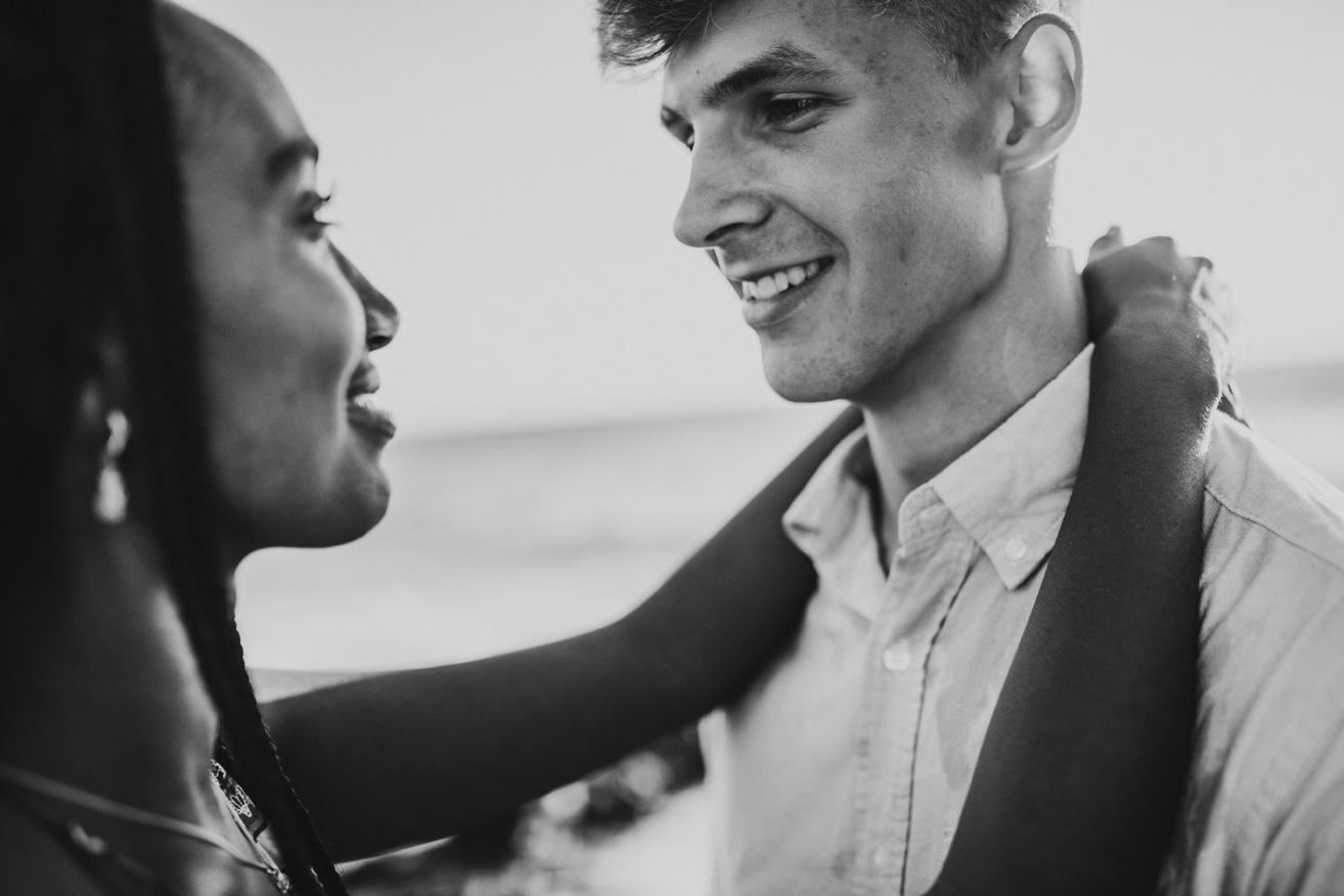 Black and white photo of couple gazing at each other