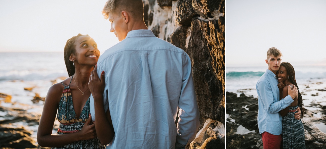 Couple loving on each other in the sunset light during their photoshoot with a kona photographer