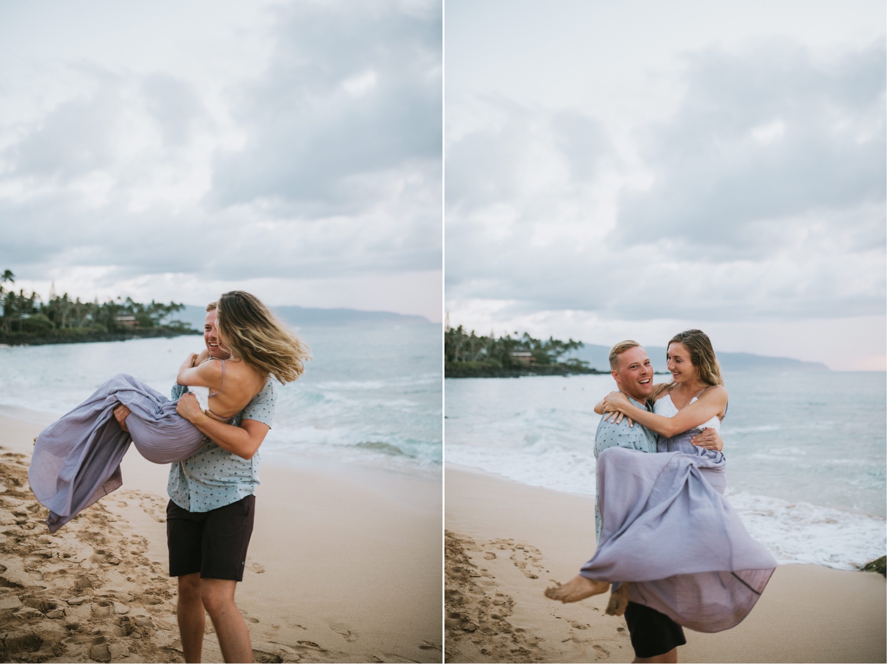Series of images of a couple spinning on the beach and laughing