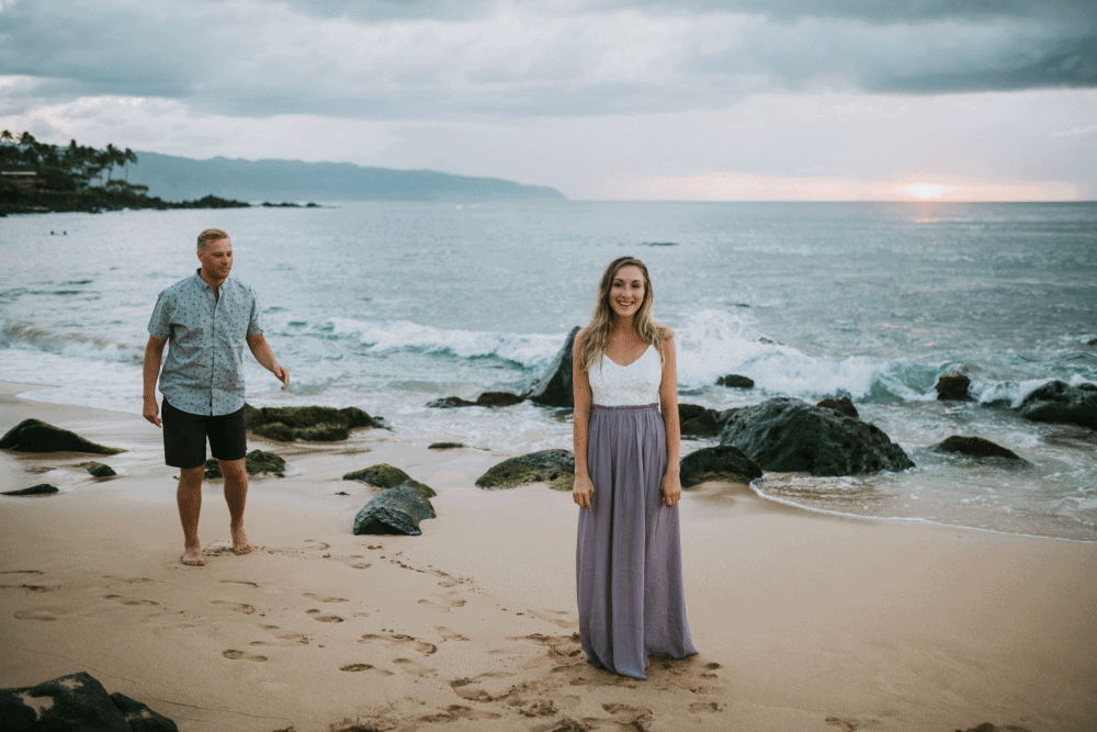 Series of photos of a surprise beach proposal