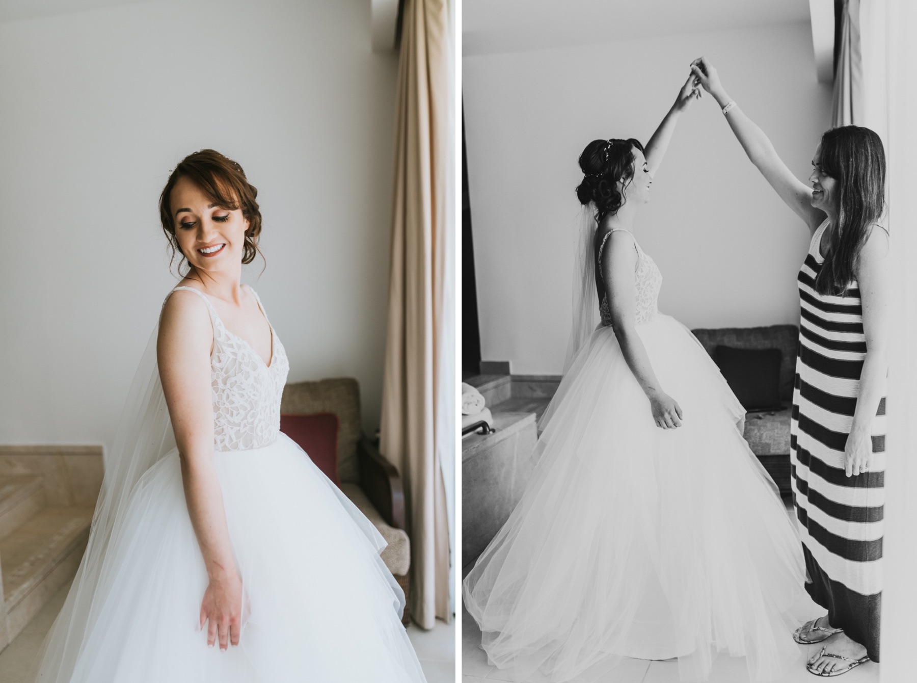 Side by side photos of bride smiling in wedding dress and black and white photo of mom twirling her in her dress