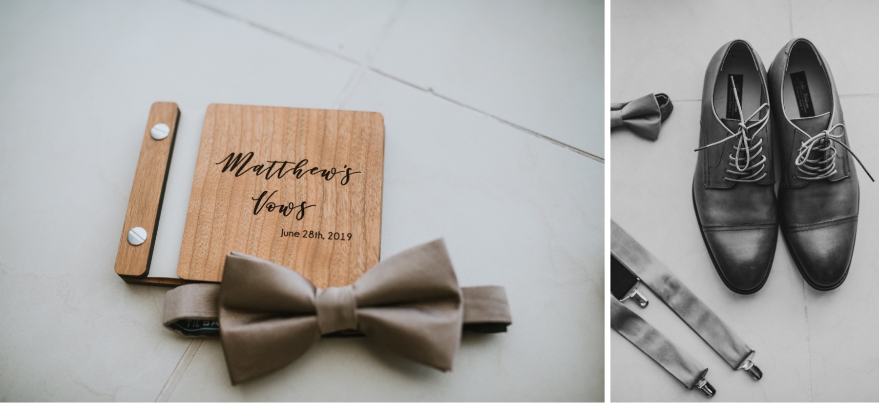 Two photos side by side of the grooms vow book, bow tie, and black and white photo of the grooms shoes and suspenders