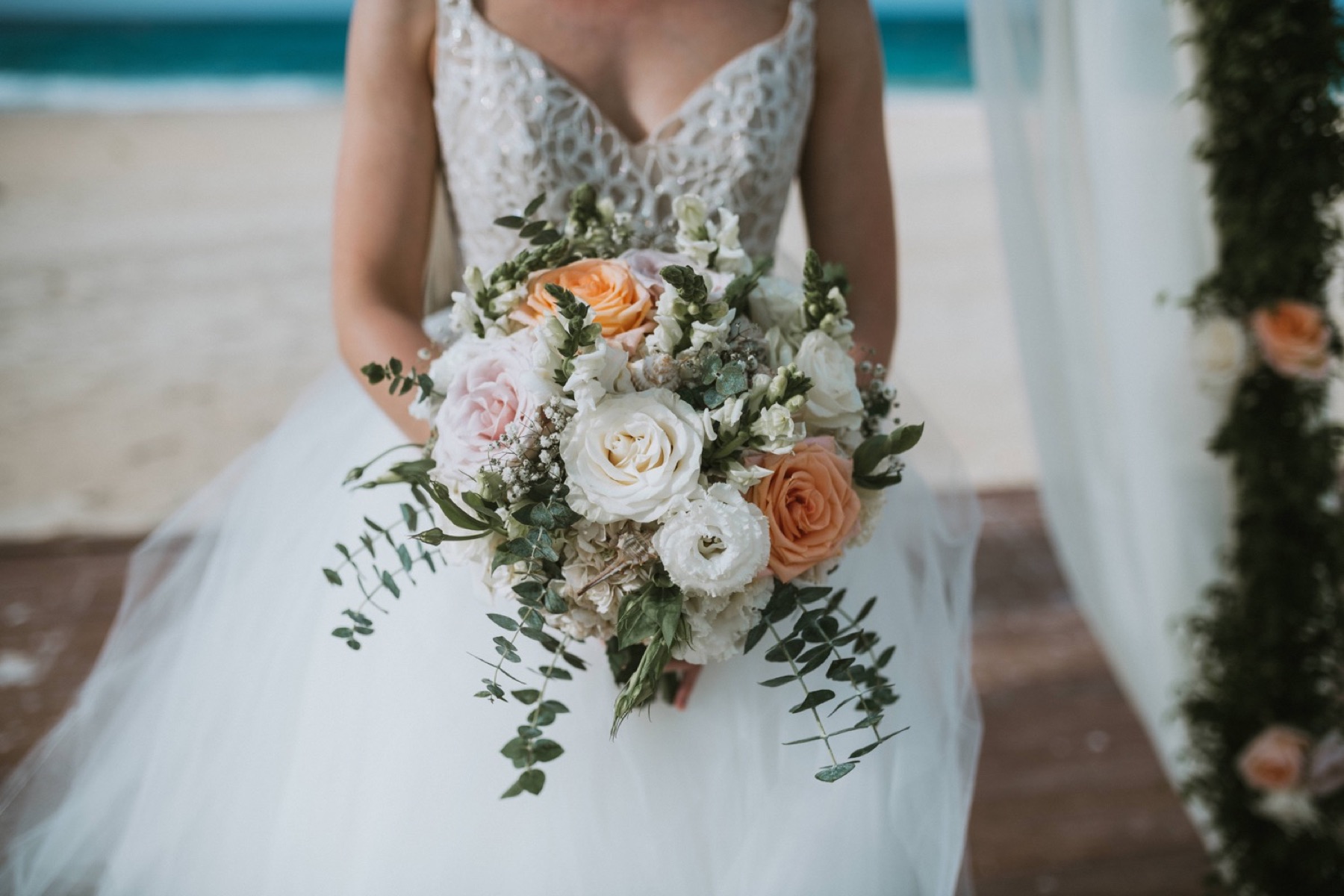Detail photo of brides colorful bouquet at her Hard Rock Punta Cana wedding