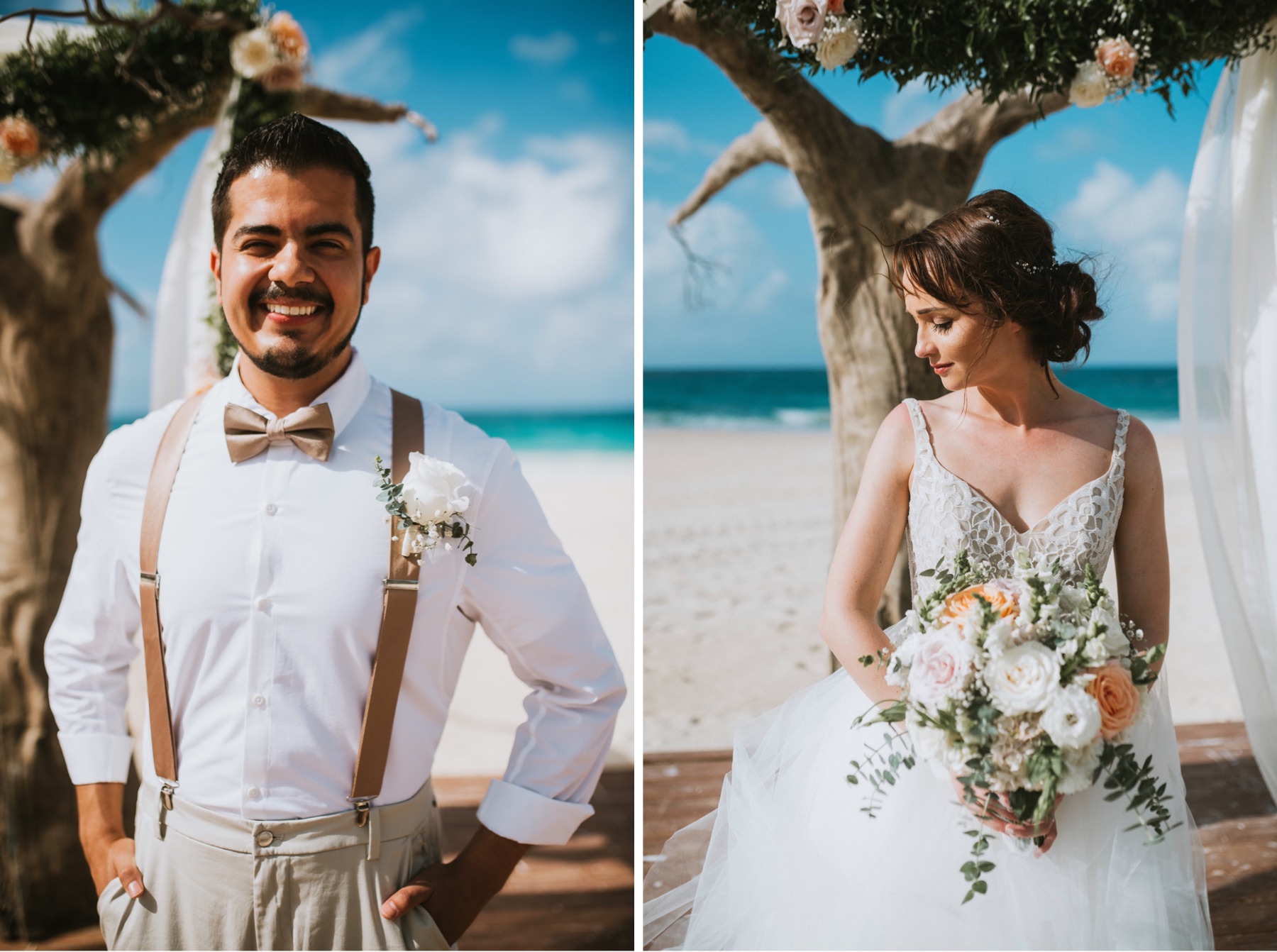 Side by side photos of bride and groom with their flowers standing in front of arch