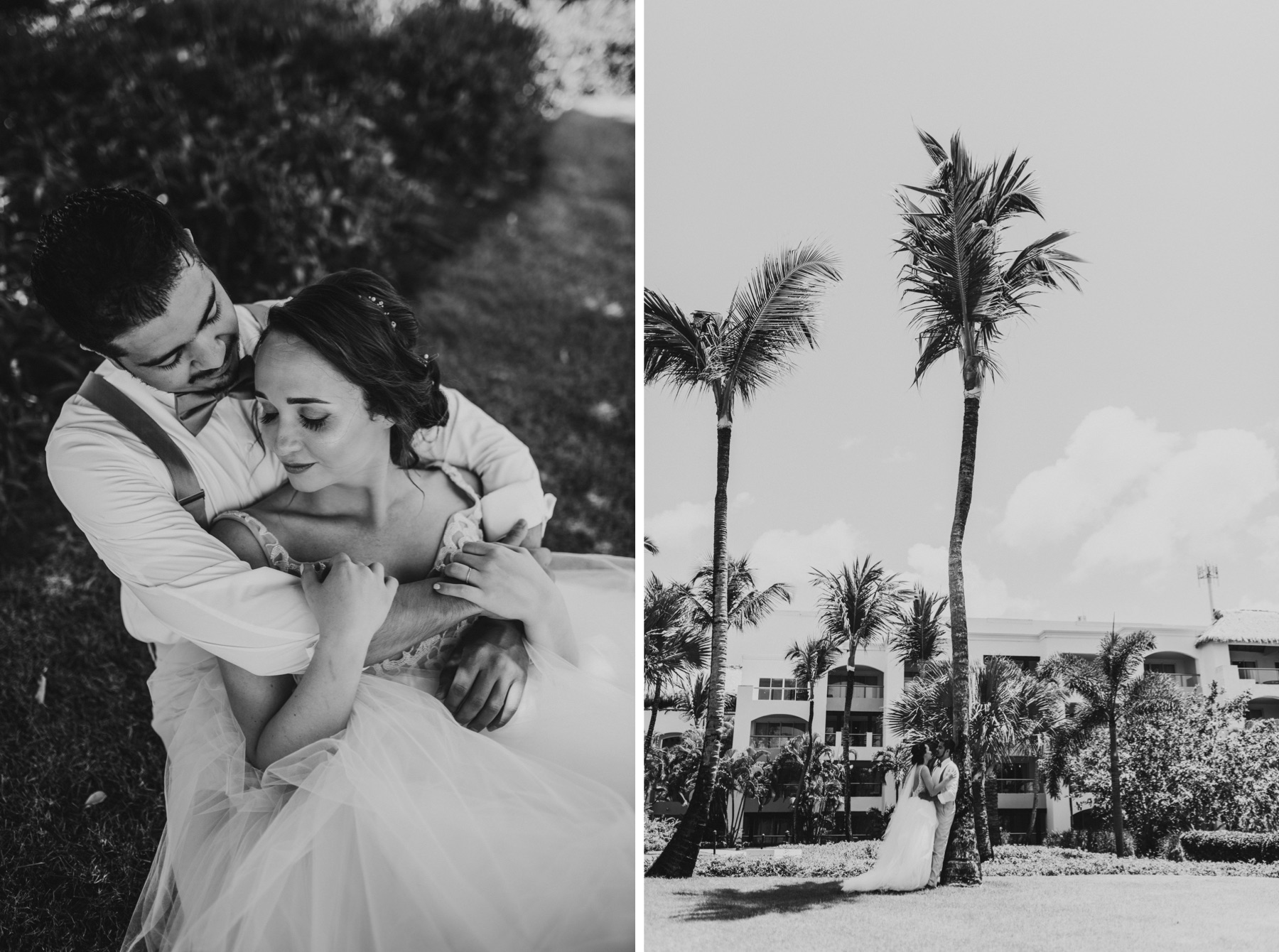 Side by side black and white photos or bride and groom hugging and snuggling