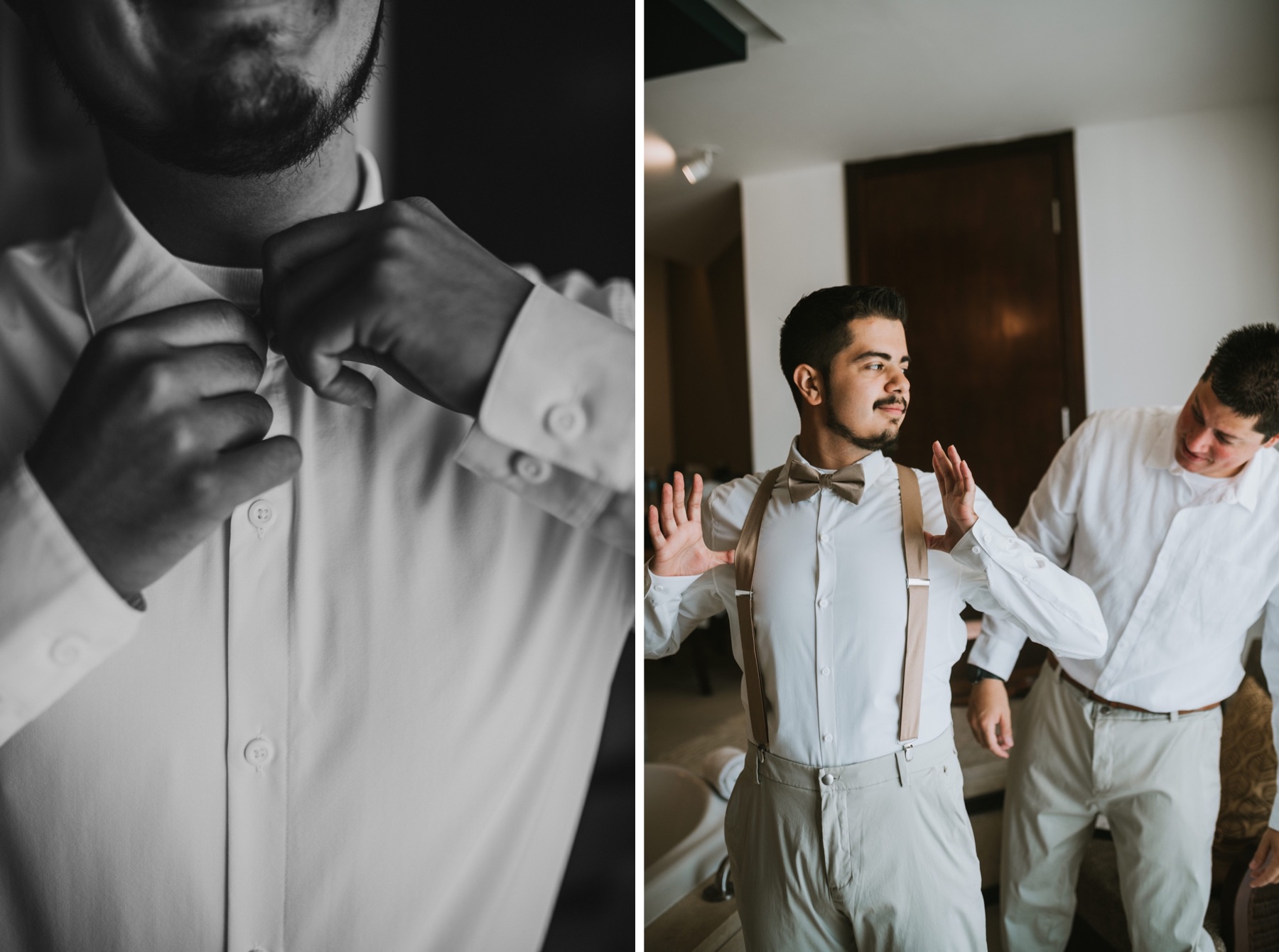 Side by side images of groom buttoning his shirt and getting his suspenders on.