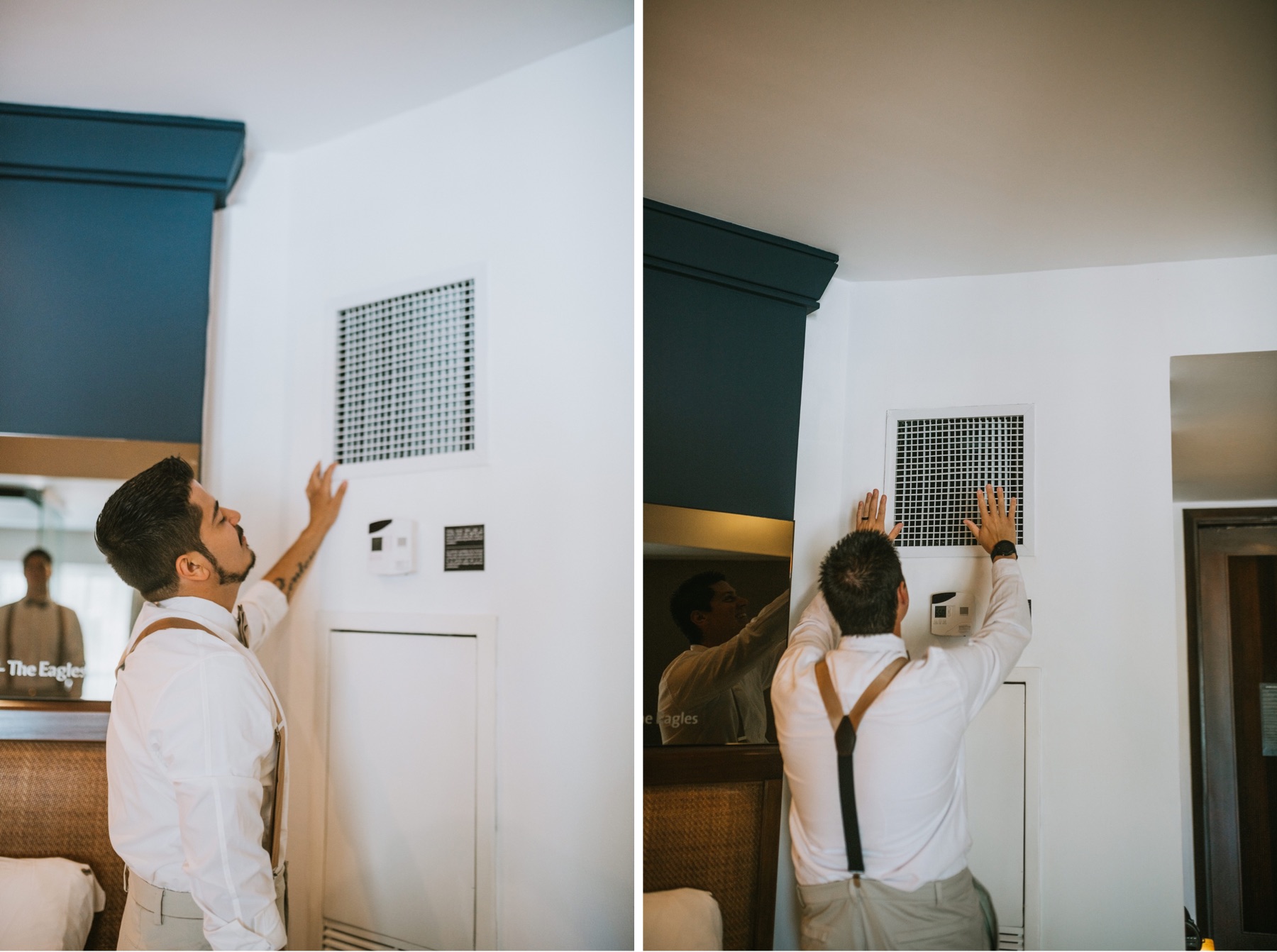Photos of groom and best man cooling off under the AC at Hard Rock Punta Cana