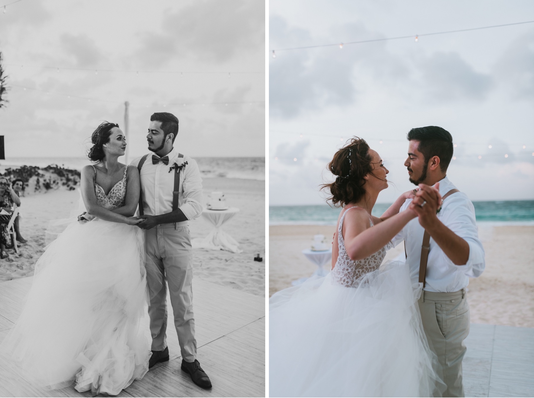 Side by side photos if bride and groom during their first dance at their beach wedding at hard rock punta cana