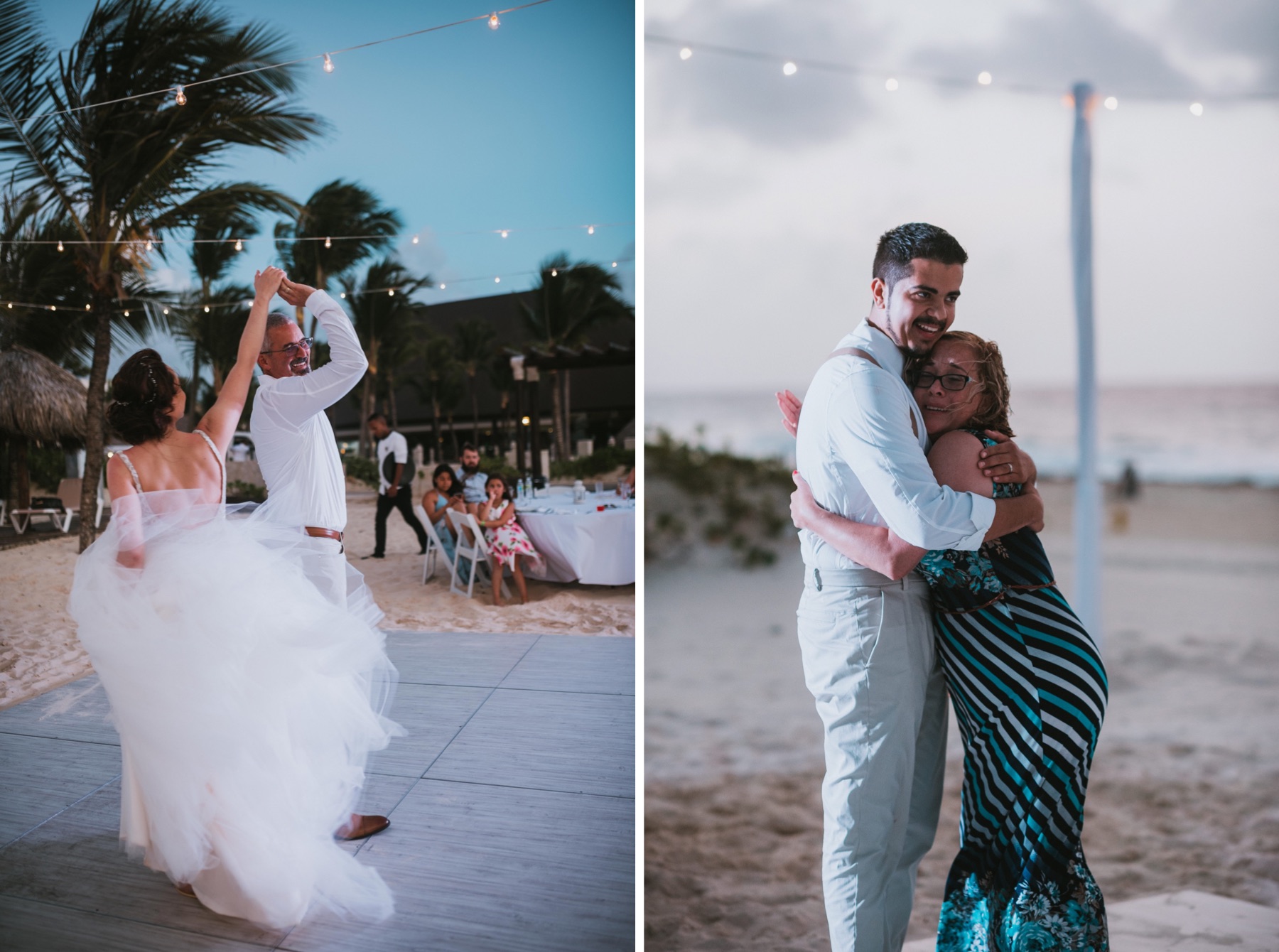 Side by side photos of mother son and father daughter dance at wedding