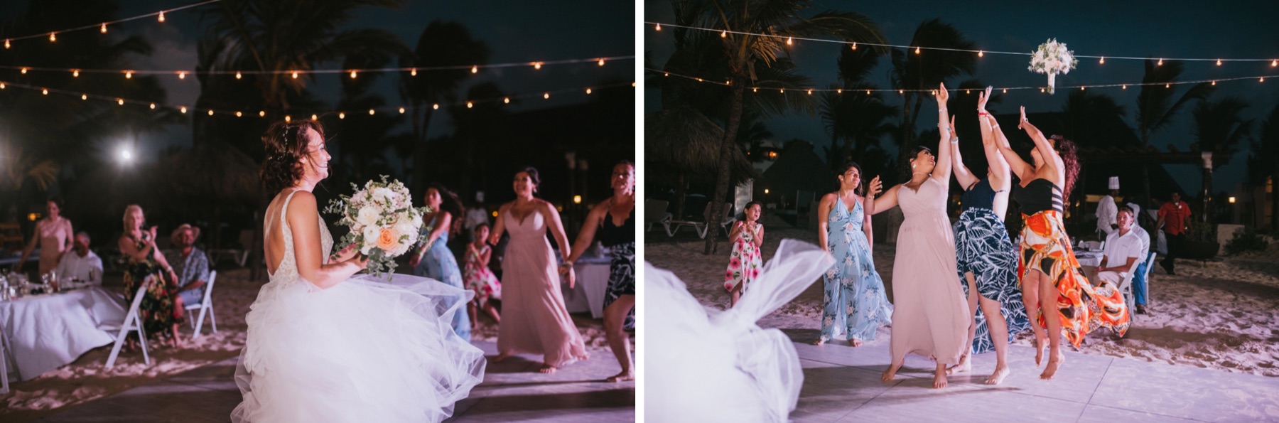Side by side photos of the bouquet toss at Hard rock punta cana wedding