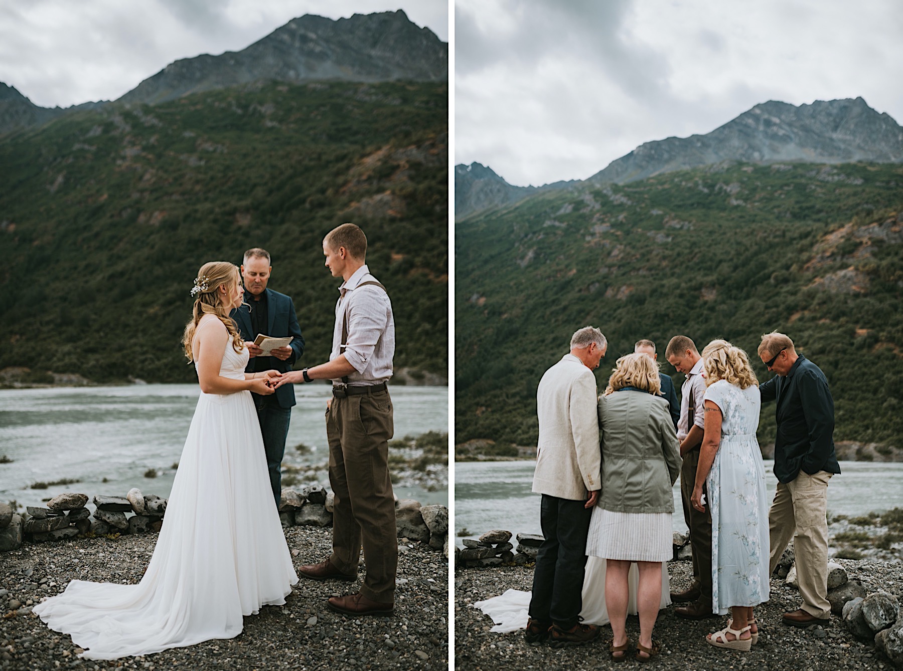 Side by side image of couple exchanging rings and then their family praying over them