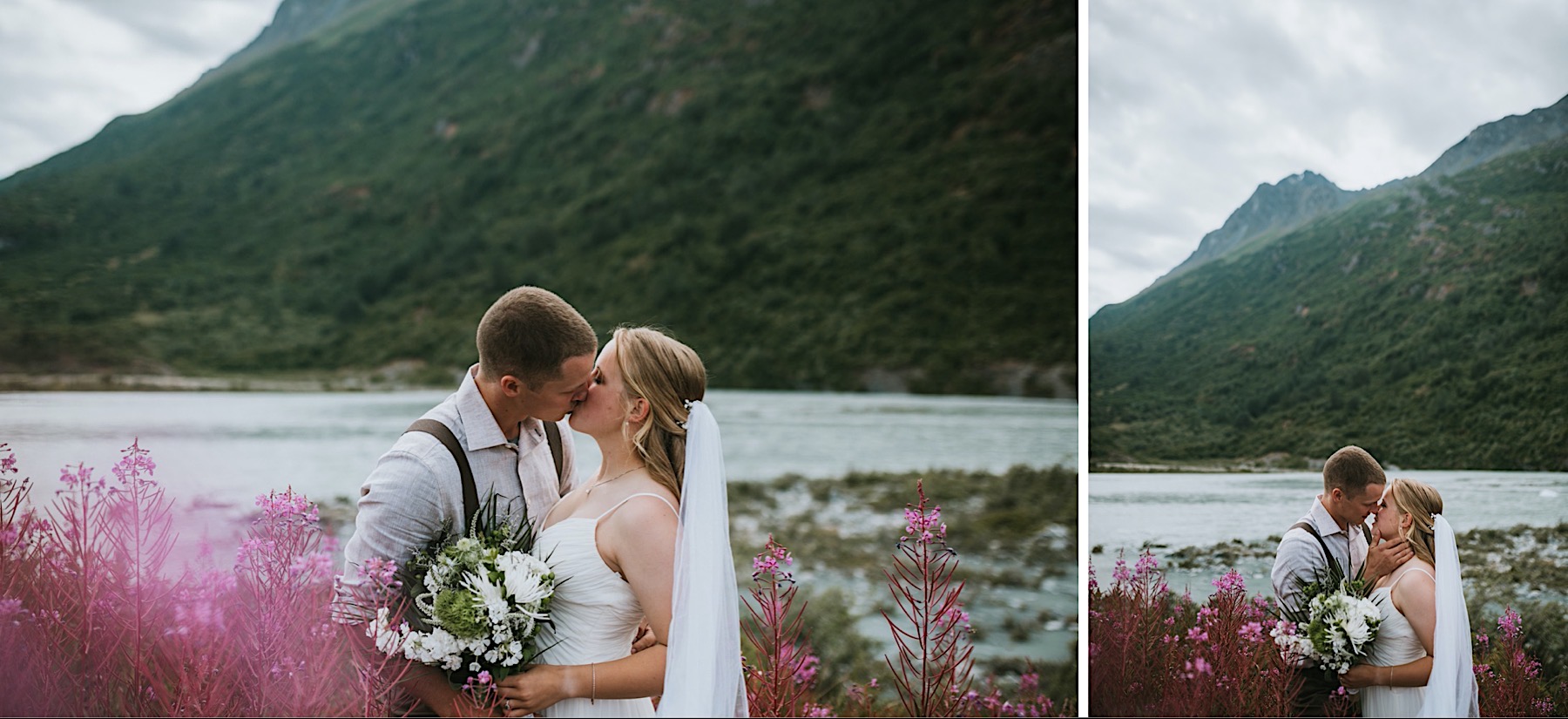 Bride and groom kissing in the fireweed by Knik Glacier