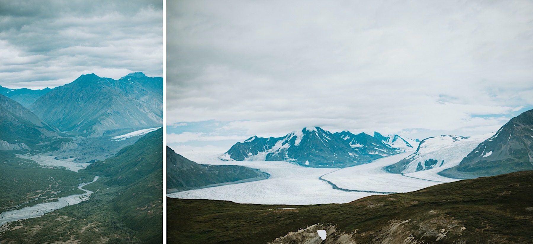 Side by side images of Knik Glacier from Grasshopper Ridge during an Alaska Destination Wedding