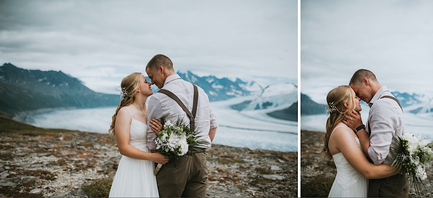 Side by side image of bride and groom smiling at each other during their alaska destination wedding