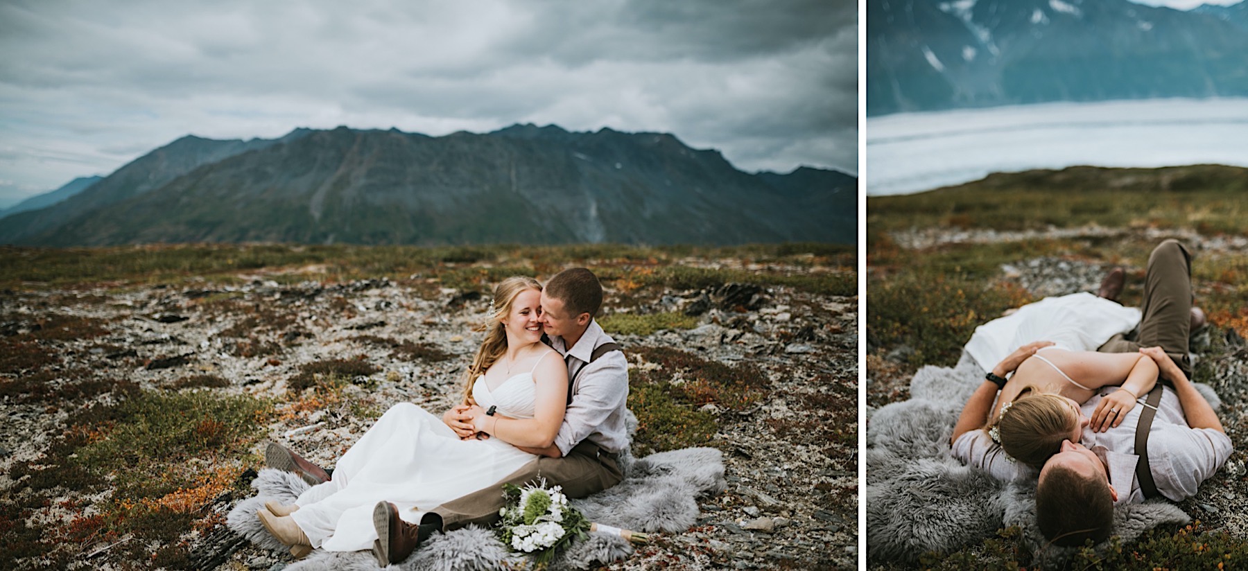 Bride and groom laying down and sitting on mountainside during alaska destination wedding