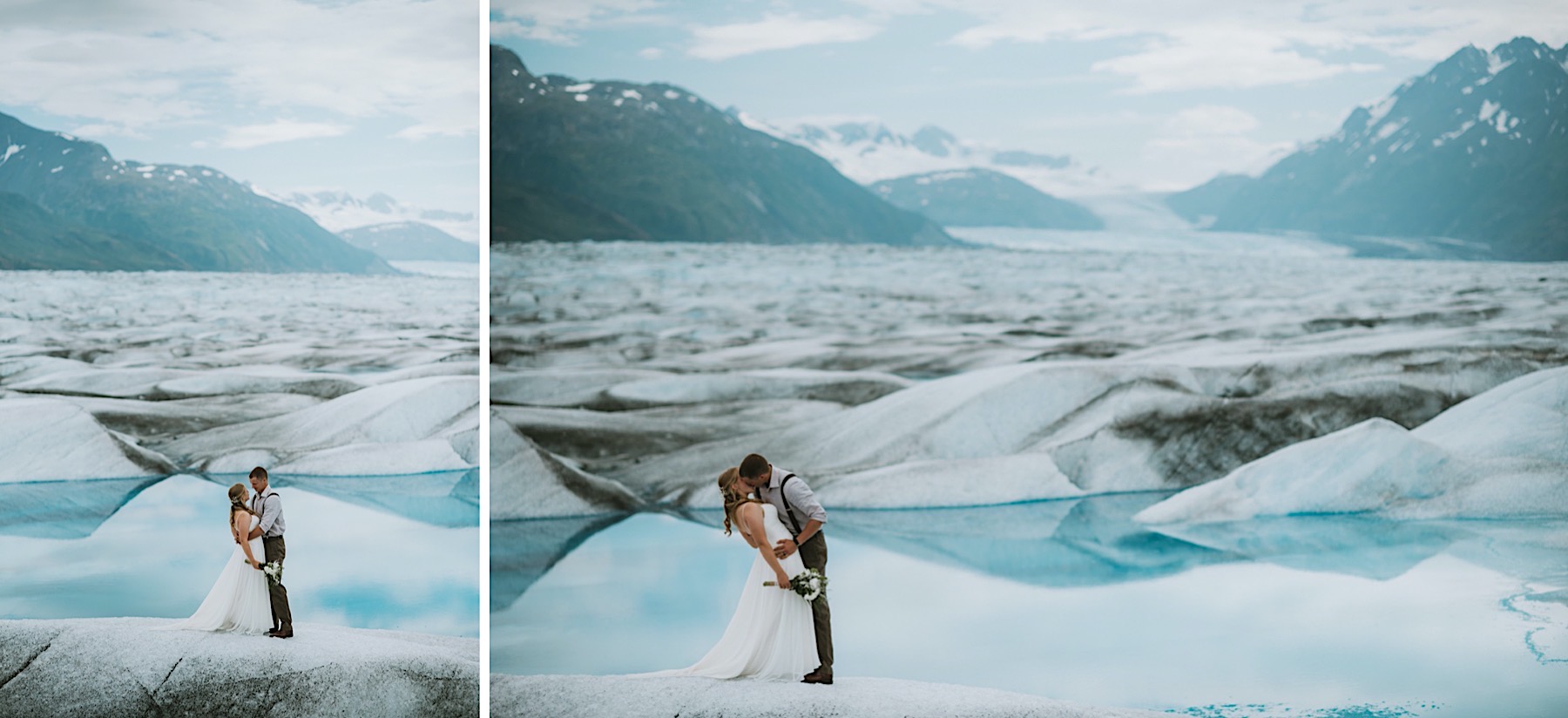 Bride and groom kissing in front of a pristine blue glacier lake