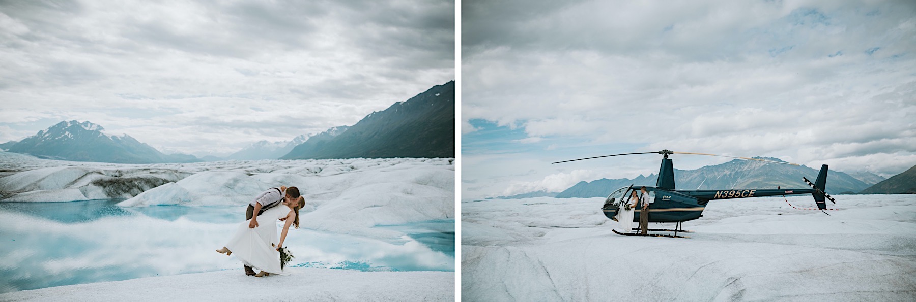 Side by side images of bride and groom dip kissing on the knik glacier and sitting in the helicopter on the glacier