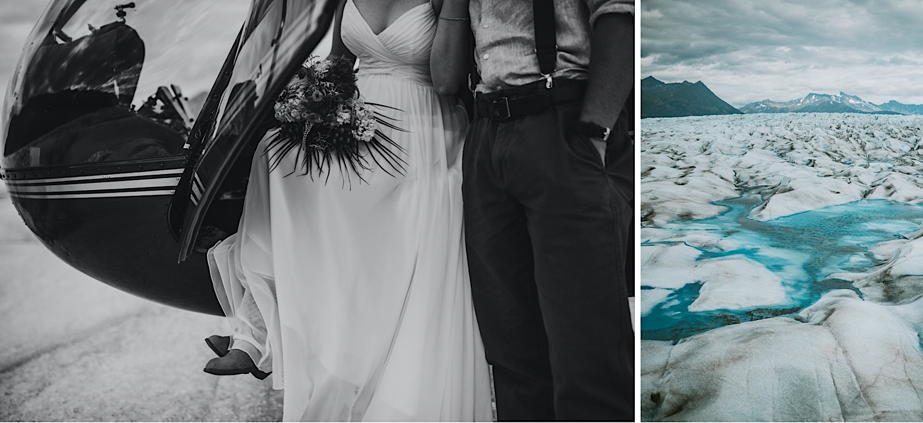 Side by side black and white detail photo of brides bouquet as they sit in the helicopter and glacier pools on knik glacier