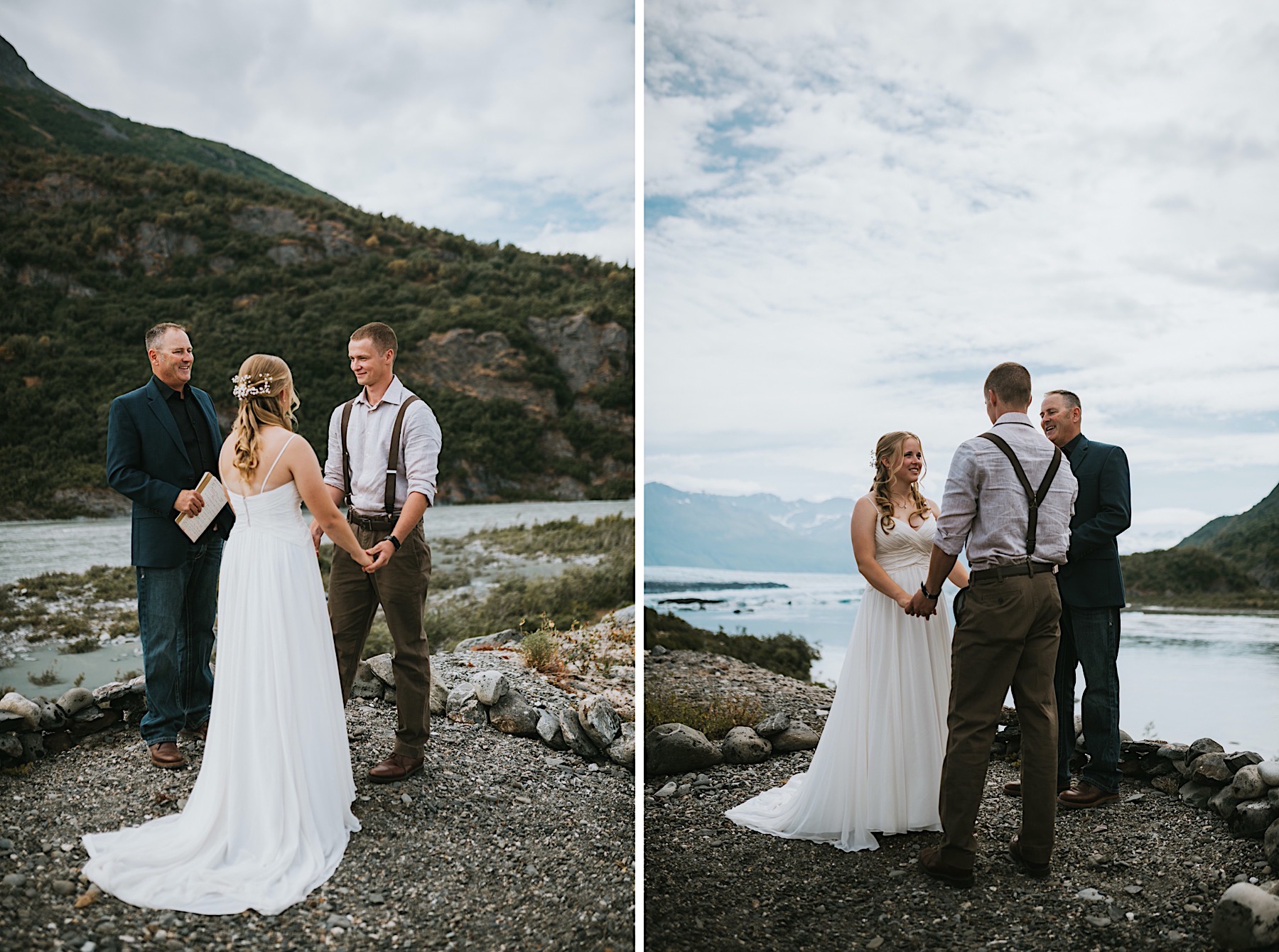 Side by side images of bride and groom during their ceremony