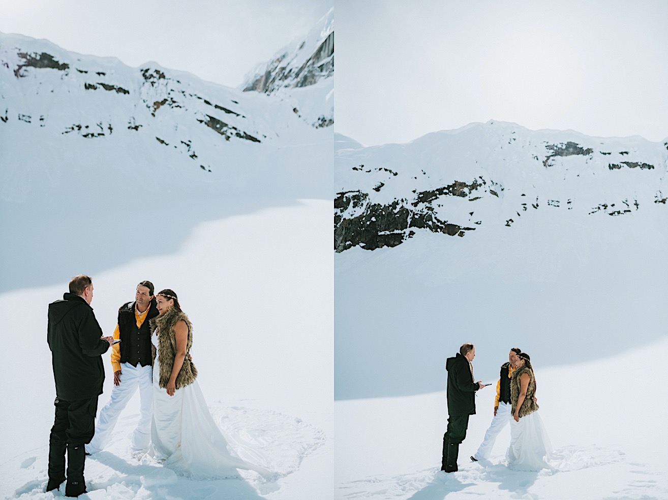 Intimate alaska glacier wedding ceremony in the snow