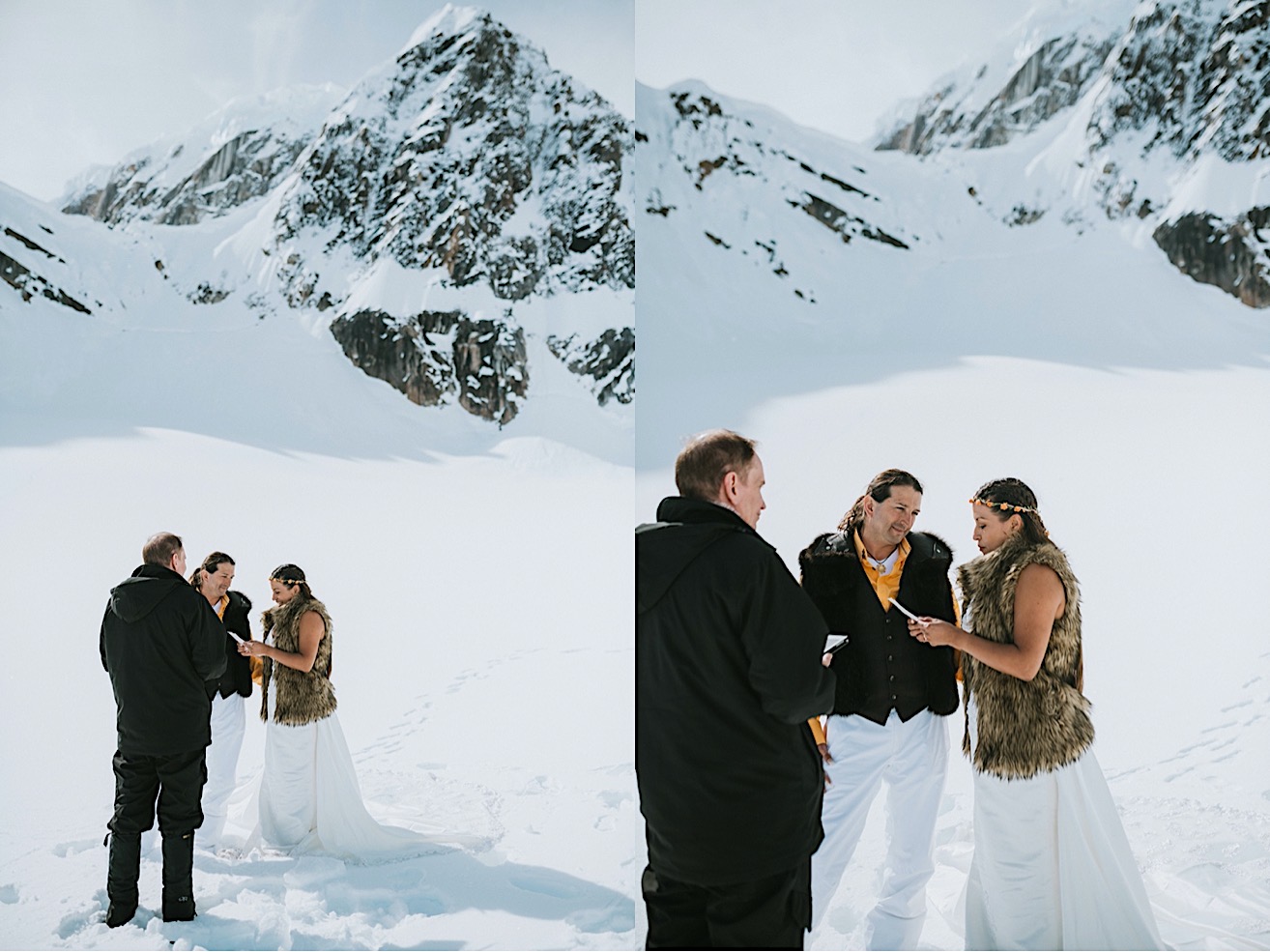 Side by side images of bride reading her vows during glacier elopement