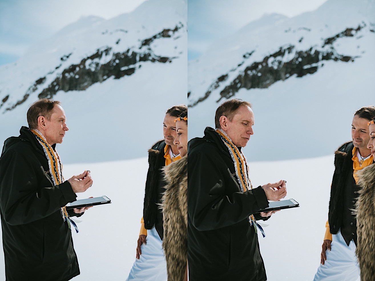 Side by side images of officiant presenting rings to couple during their glacier elpoement