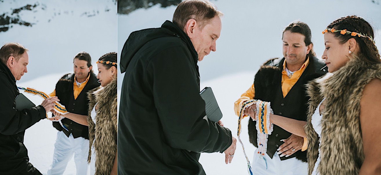 Officiant performing a hand fastening during a glacier elopement