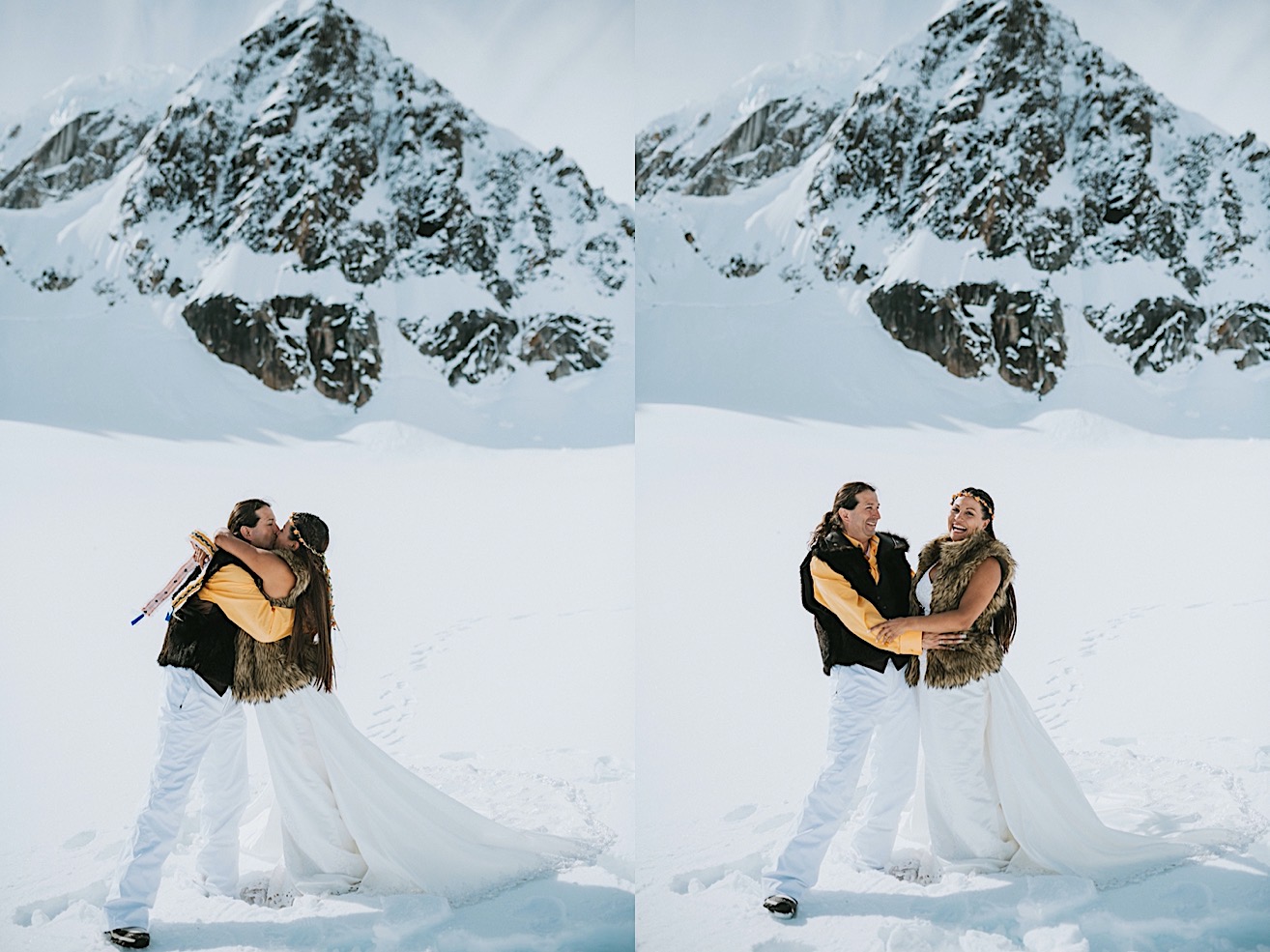 Couple celebrating their wedding on a glacier