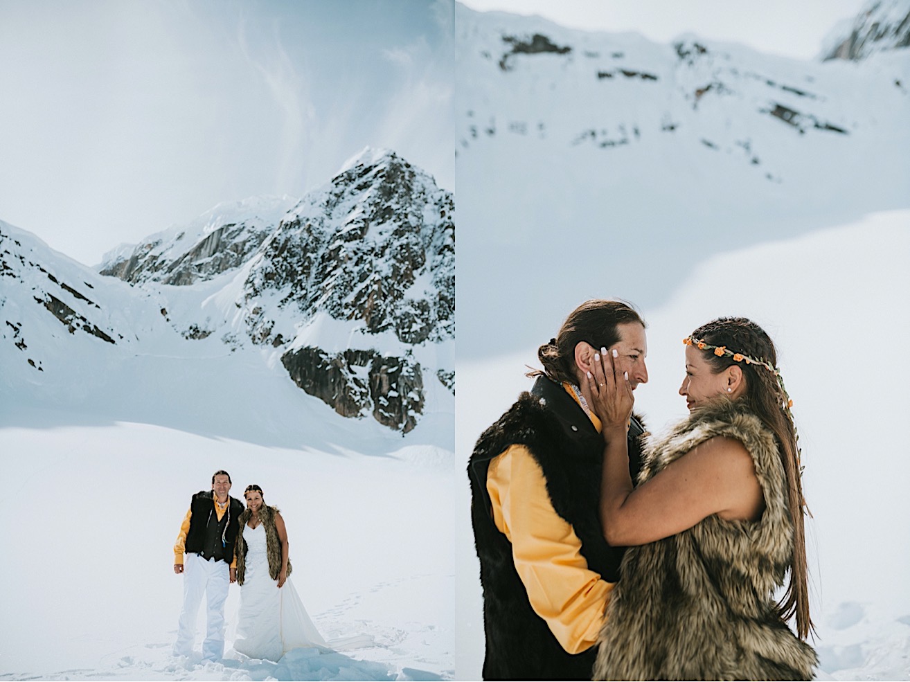 Couple hugging and holding hands after glacier elopement