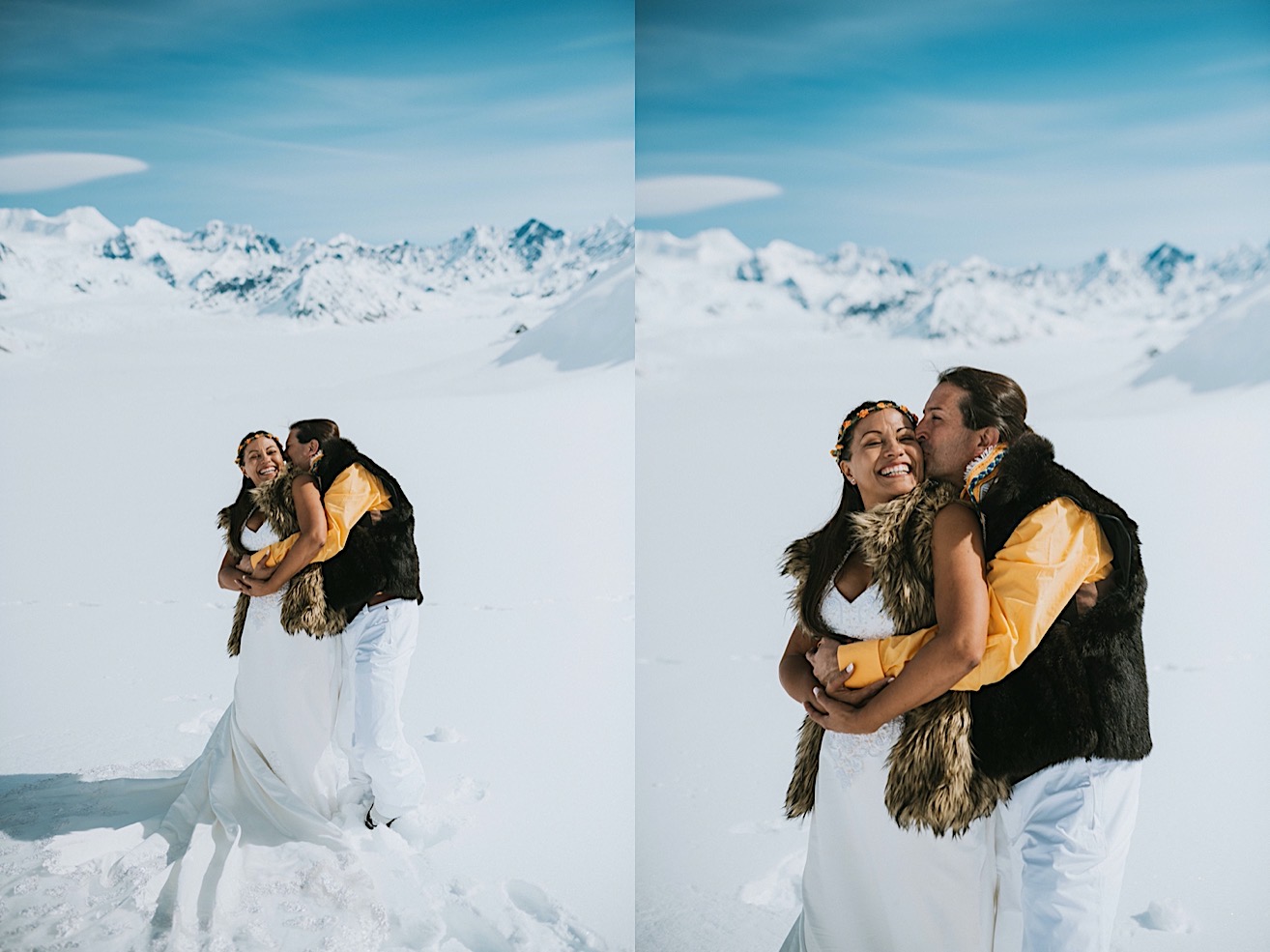 Groom bear hugging his bride after their glacier elopement