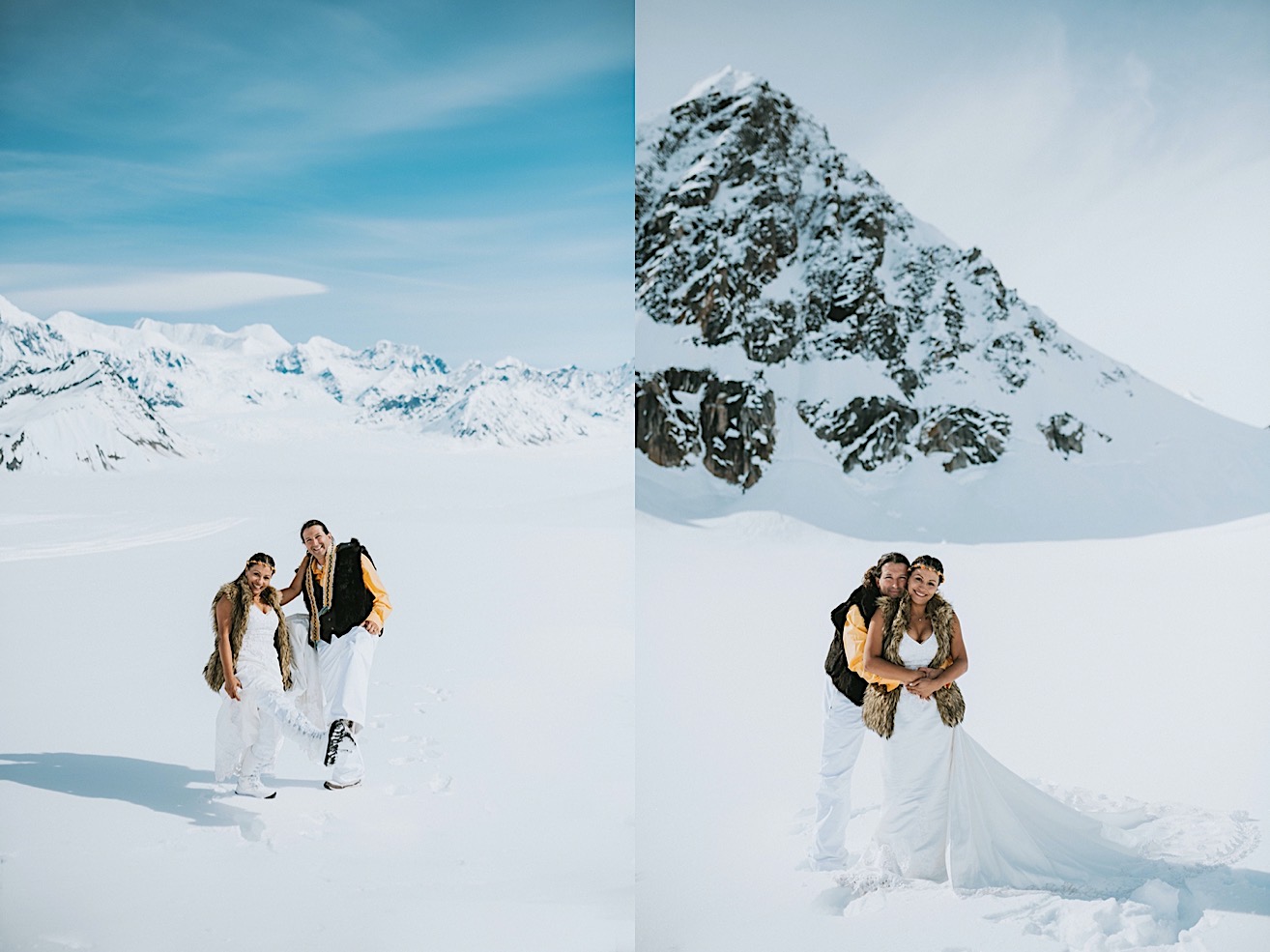 Side by side photos of a couple walking and showing off their snow boots and of a groom bear hugging his bride