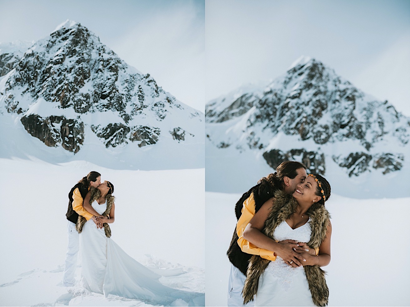 Bride and groom kissing and snuggling on Ruth Glacier after their glacier elopement