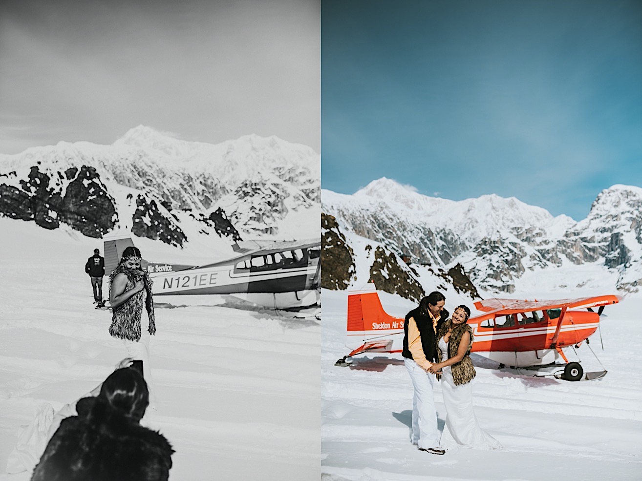 Side by side images of the groom photographing his bride after their glacier elopement and a photo of the bride and groom holding hands together in front of the plane