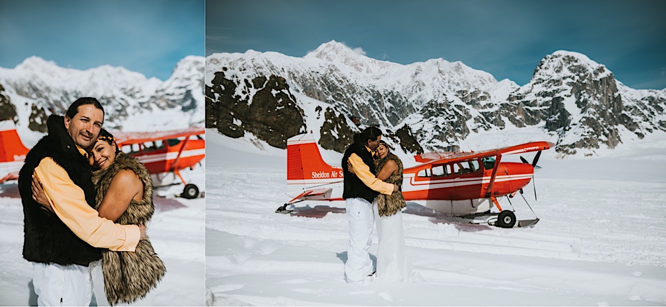 Bride and groom in front of a red sheldon air services plane on ruth glacier after their glacier elopement