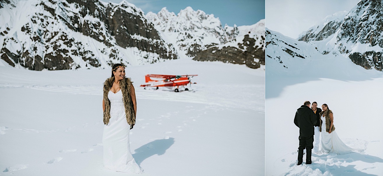 Bride standing in front a plane on a snow packed glacier before her Alaska glacier wedding side by side with a couple getting married on a glacier