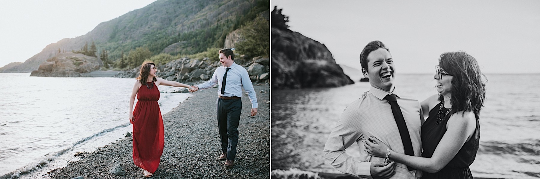 Side by side images of couple walking on beach at Beluga Point and black and white photo of them laughing together