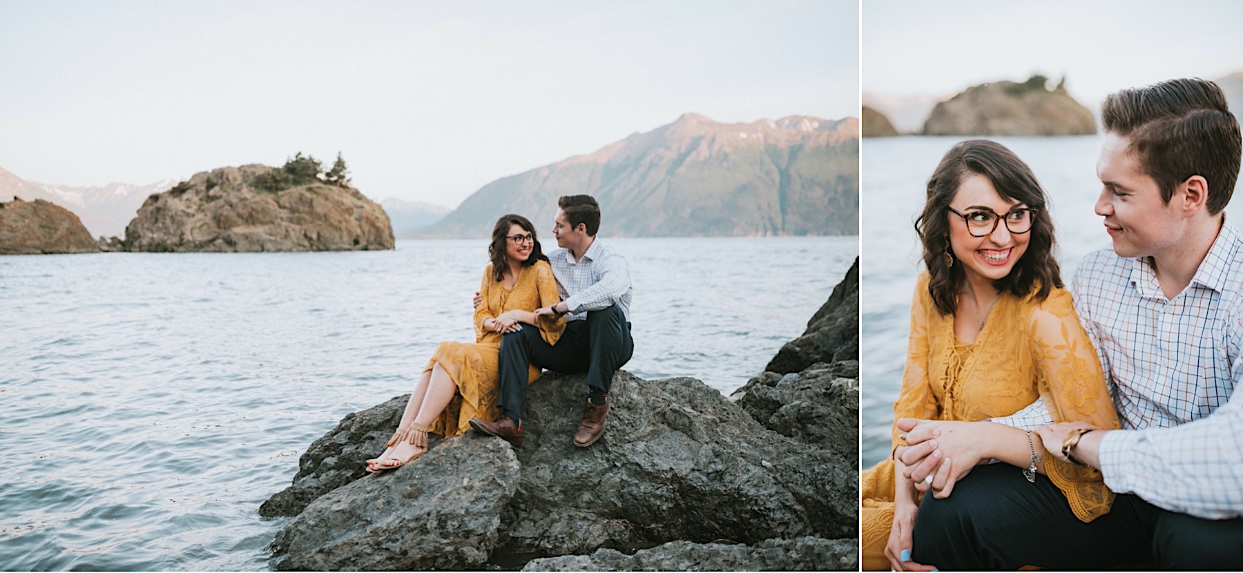 Couple sitting on rocks at Beluga Point smiling at each other