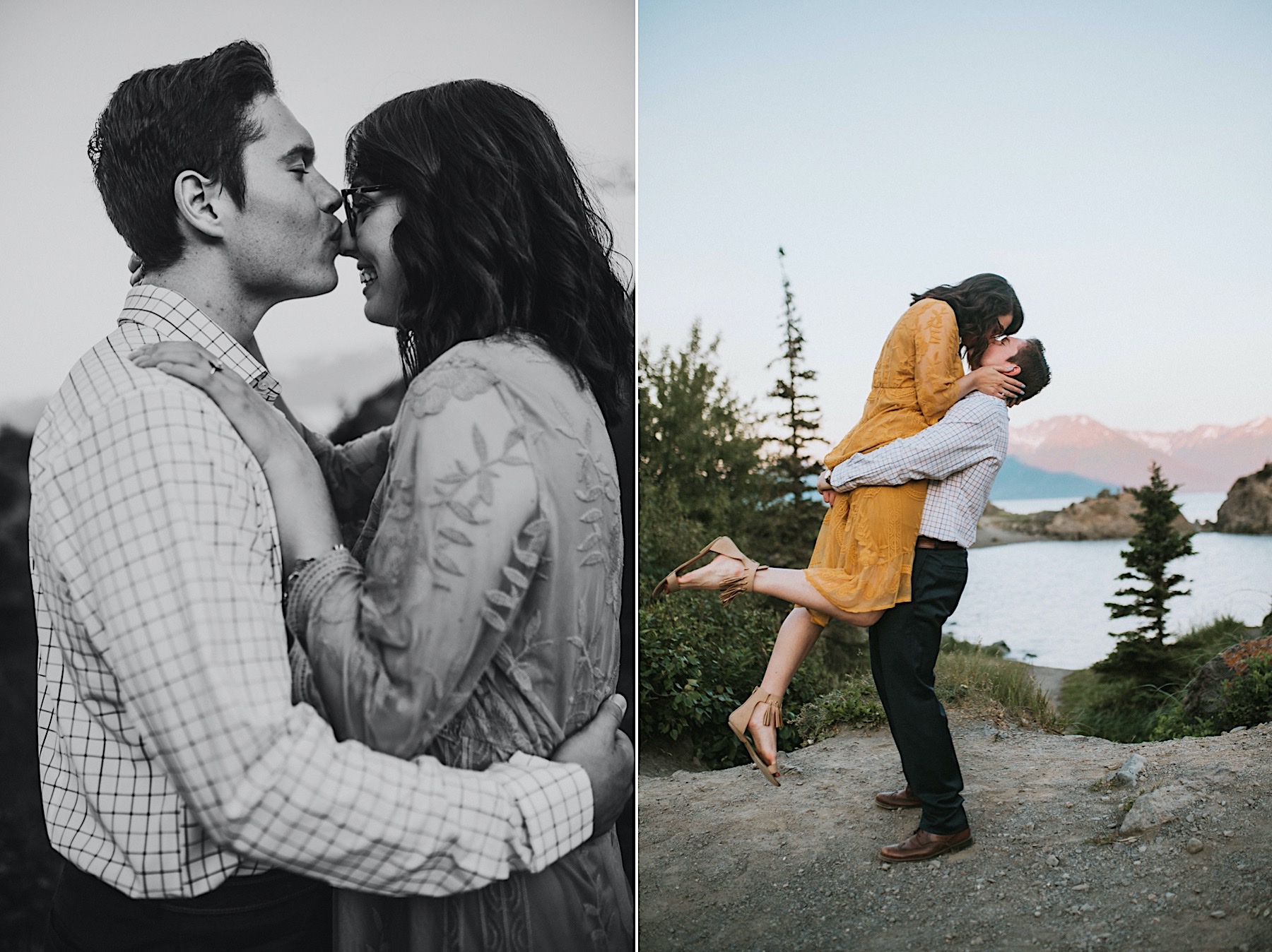 Side by side photos, one black and white of him kissing the tip of her nose and the other is him picking her up and spinning her around