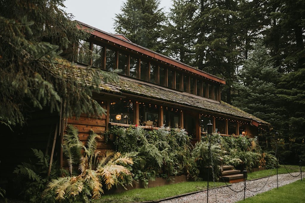 Outside view of Raven Glacier Lodge, a wood cabin in the woods in Girdwood with moss growing along the siding and roof