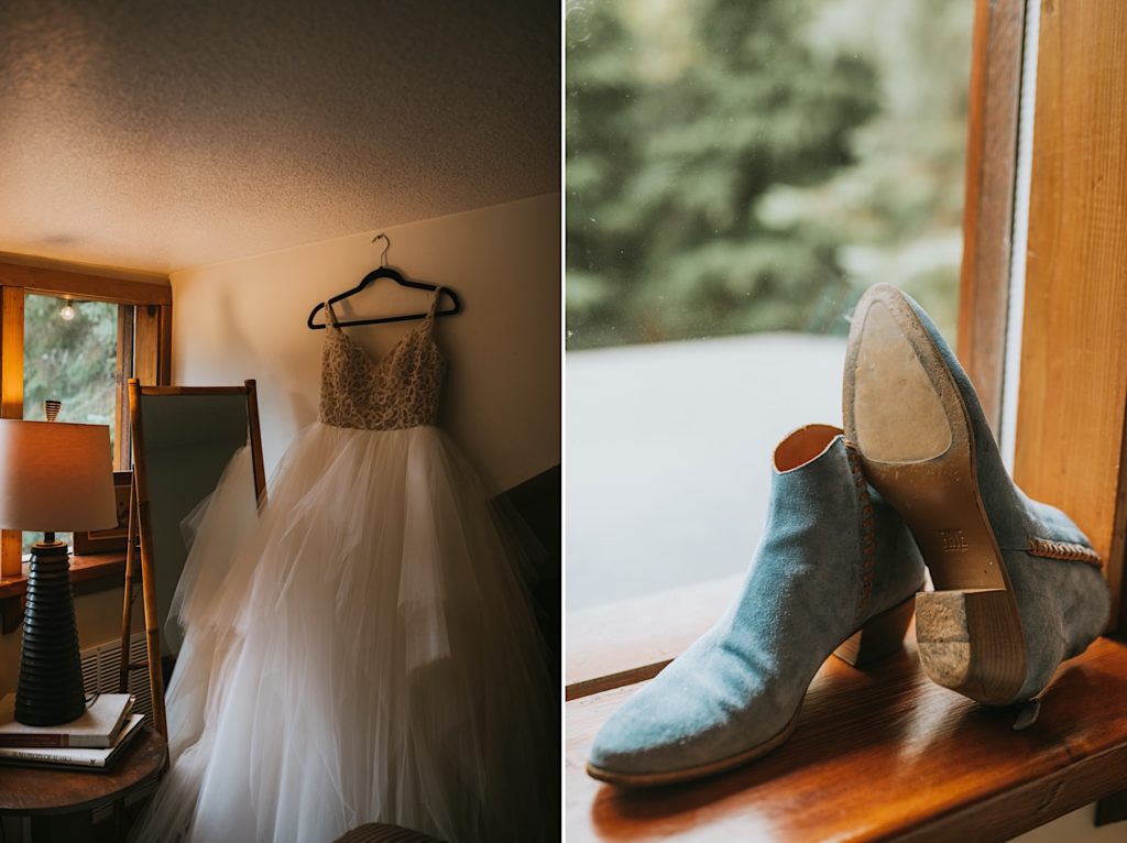 The brides wedding details, her something blue - Frye Boots, and her wedding dress
