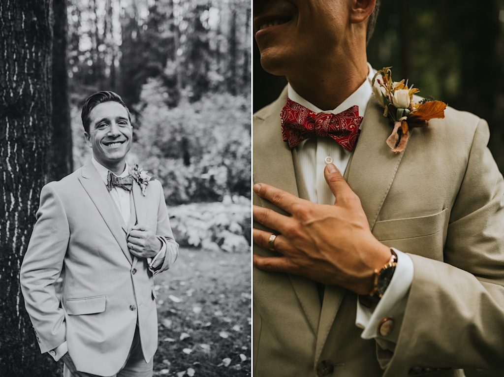 Side by side images of groom smiling at the camera nad showing his boutonnière and bowtie
